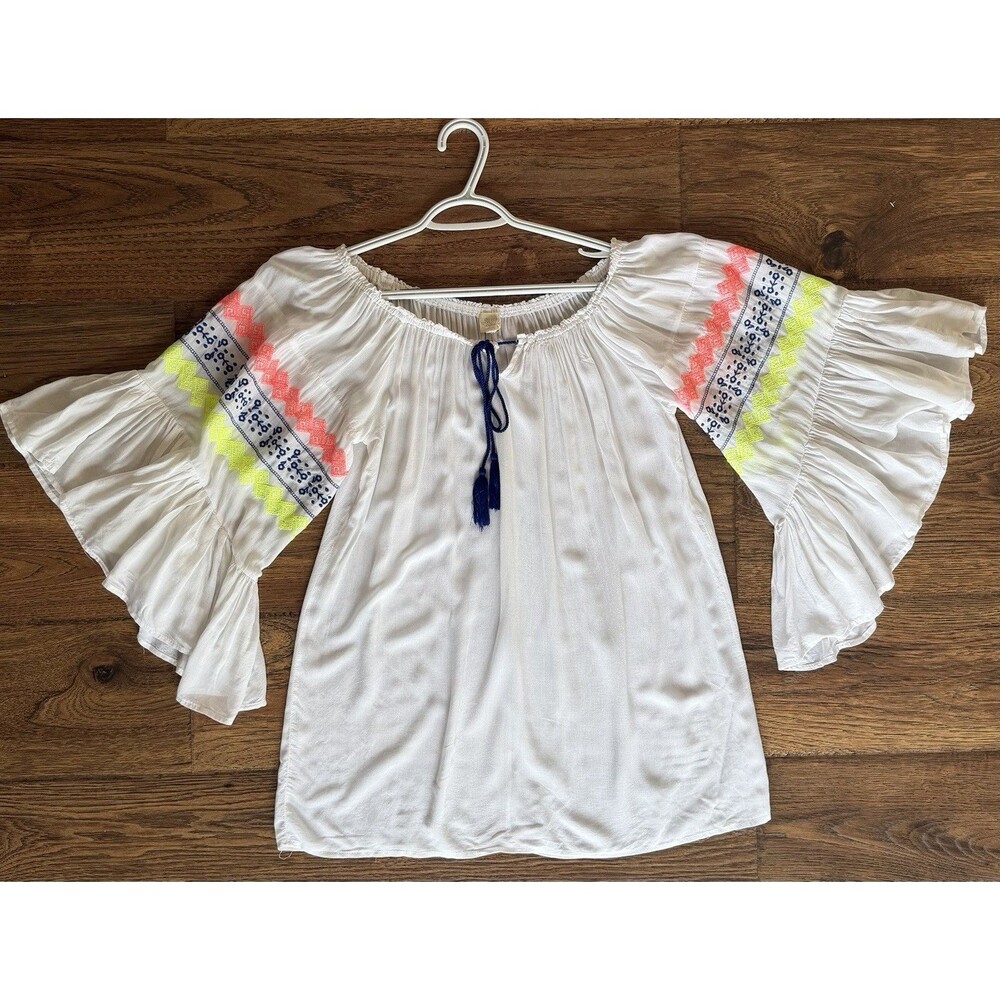 Surf Gypsy Womens M White Embroidered Peasant Blouse Bell Sleeve Boho Festival